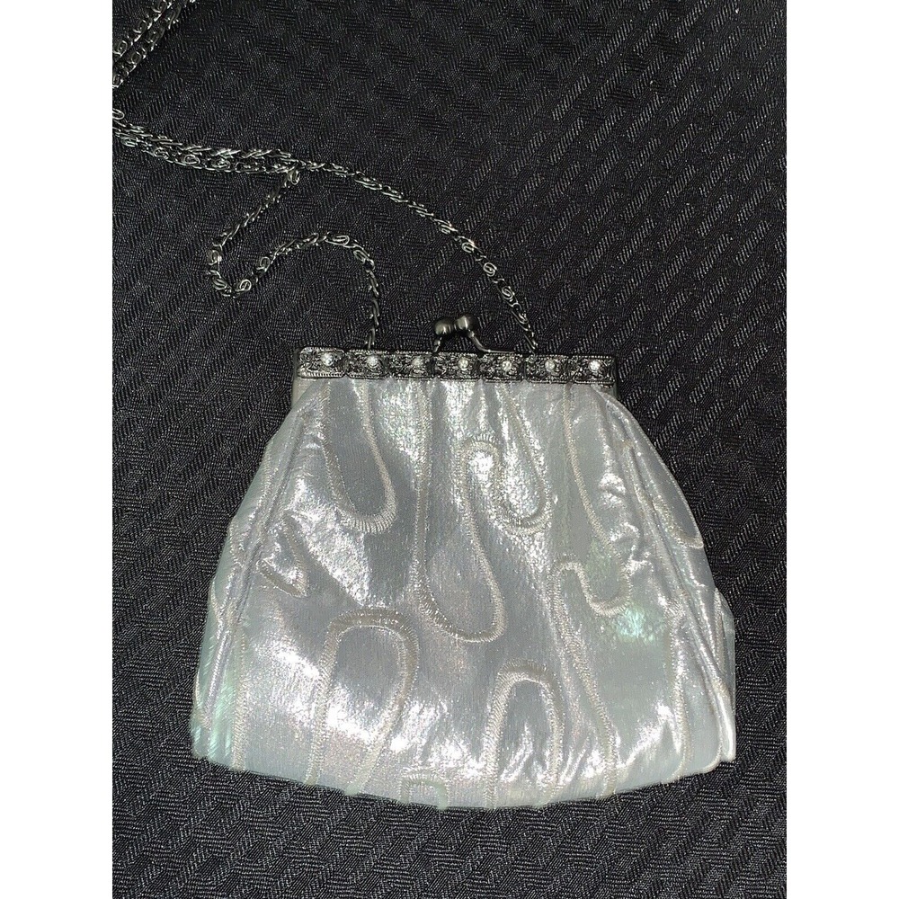 Purse Evening Bag Vintage Silver Embroidered Rhinestones Prom Wedding Formal - Picture 3 of 16